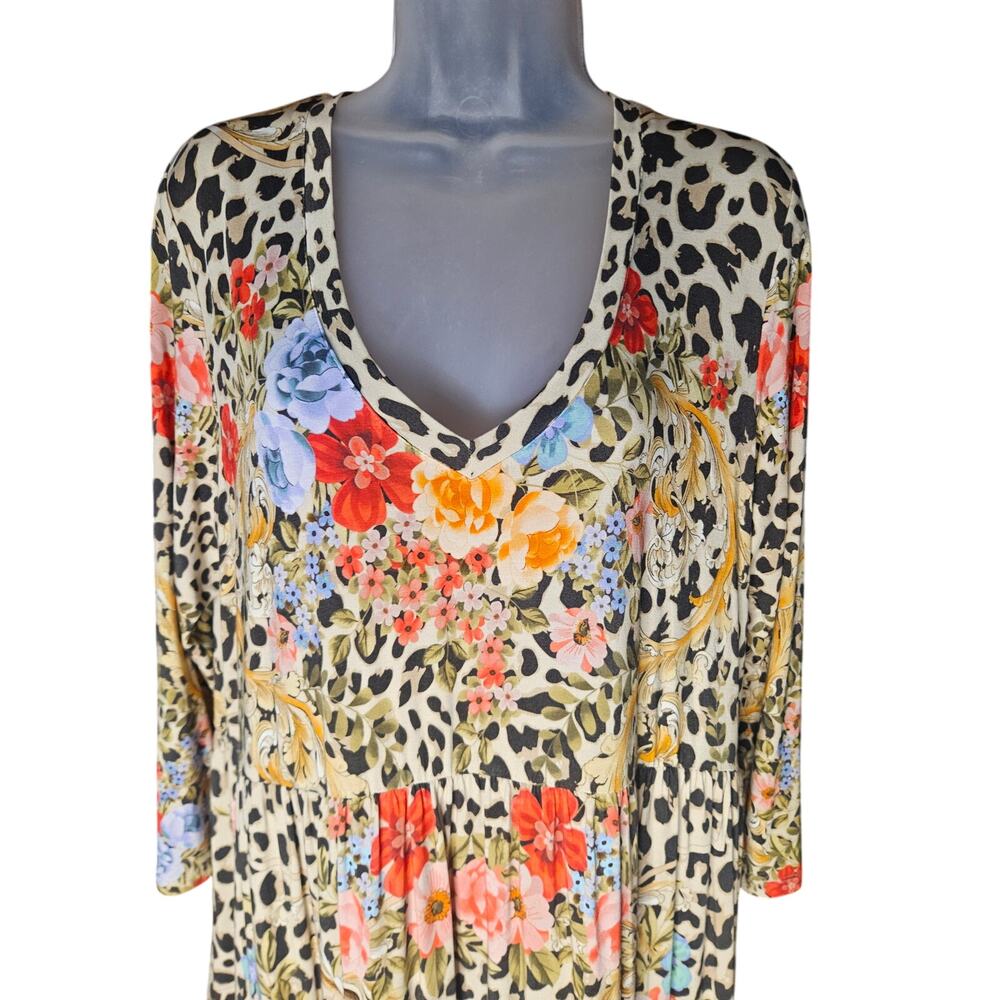 Johnny Was Tiered Boho Chic Midi Dress Animal Floral Print Sz L 3/4 Sleeves - Picture 3 of 8